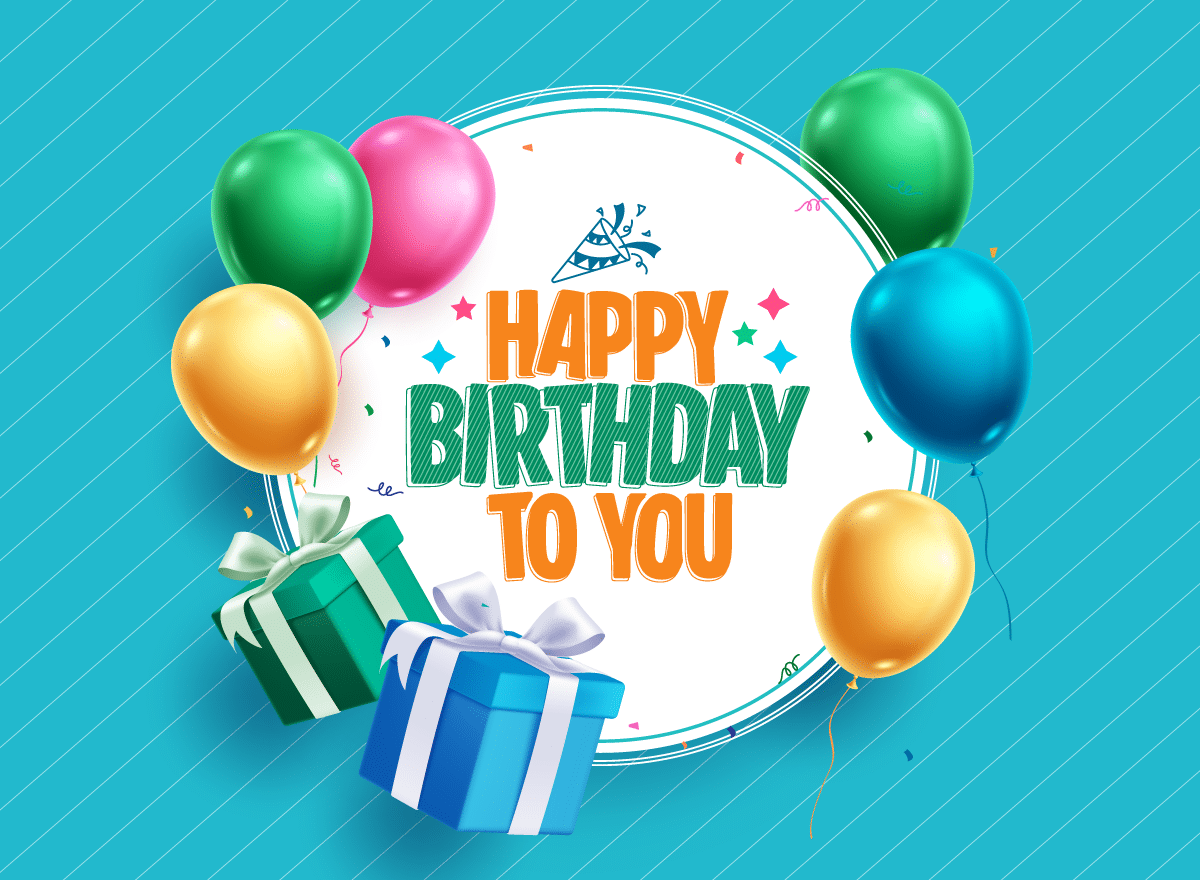 540×360-happyb1 Digital card showing colorful balloons and gift boxes surrounding a white circle with "Happy Birthday to You" in bold text on a blue background.